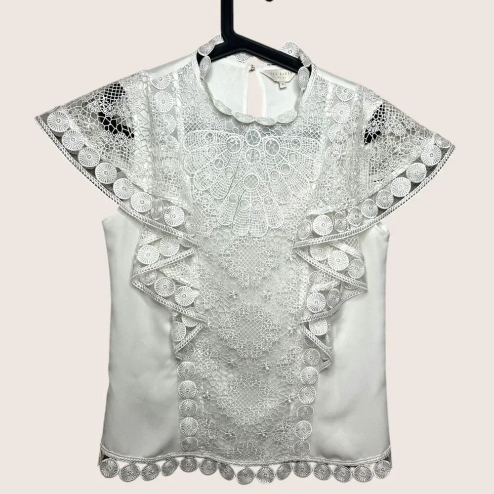 🤍 TED BAKER LONDON HIGH NECK LACK FRONT BLOUSE WHITES SIZE 1 (US 2/4) SMALL - Picture 6 of 10